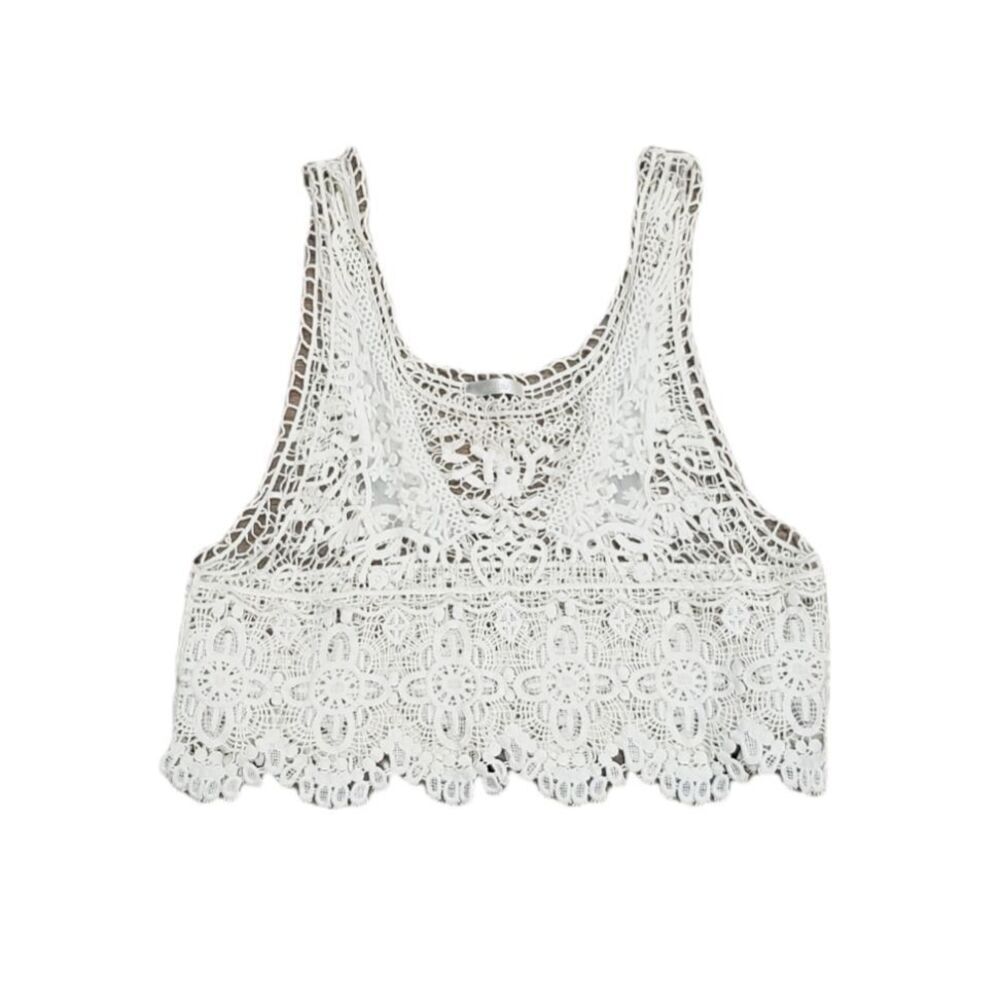 Millau Beige Crochet Sheer Scalloped Crop Top S/M